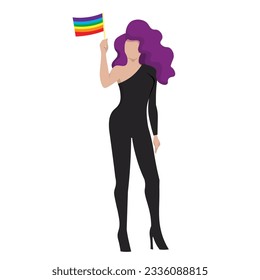 A confident drag queen in black leotard with purple wig and holding rainbow flag for LGBTQ+ concept and for equality and diversity supporting. Vector illustration flat charactor on white background