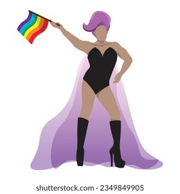 A confident drag queen in black leotard with purple wig and holding rainbow flag for LGBTQ+ concept and for equality and diversity supporting. Vector illustration flat charactor on white background