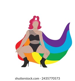 A confident drag queen in black tone outfit with rainbow cape for LGBTQ+ concept and for equality and diversity supporting. Vector illustration flat charactor on white background