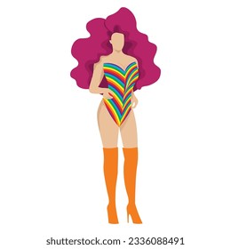 A confident drag queen in rainbow leotard with dark pink wig and orange shoes for LGBTQ+ concept and for equality and diversity supporting. Vector illustration flat charactor on white background