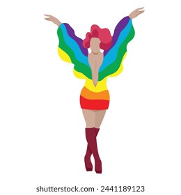 A confident drag queen in rainbow moden outfit with dark pink wig for LGBTQ+ concept and for equality and diversity supporting. Vector illustration flat charactor on white background