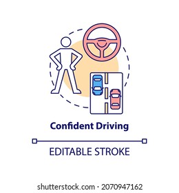 Confident driving concept icon. Driving school result abstract idea thin line illustration. Learning and practice. Experienced driver. Vector isolated outline color drawing. Editable stroke