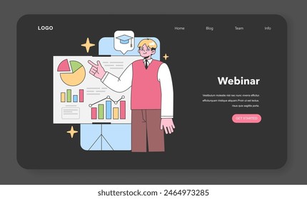 Confident educator explaining data charts on a presentation board. Man pointing to colorful graphs, pie chart, and growth bars with academic cap icon above. Classroom teaching. vector illustration.