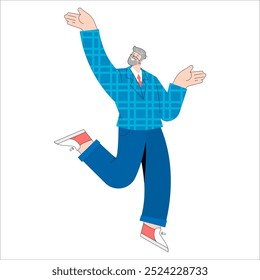 Concepto de hombre de negocios mayor confiado. Alegre alto ejecutivo celebrando el éxito con un salto dinámico. Corporativa vitalidad y longevidad profesional. Ilustración vectorial.