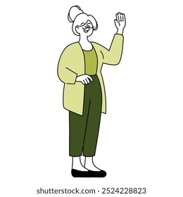 Confident elder businesswoman greeting. Senior professional woman waving hand in welcoming gesture. Leadership and active retirement. Vector illustration.