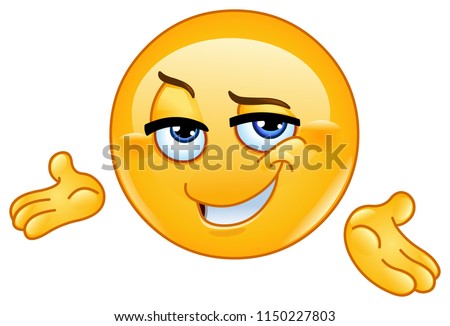 Confident emoticon presenting with his hands