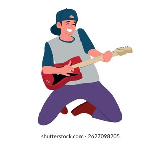 Confident and emotional boy playing the guitar, vector illustration.