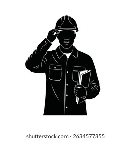 Confident Engineer Silhouette: Adjusting Helmet, Holding Blueprints on White