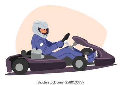 Confident experienced go-cart racer character driving kart enjoying motorsport championship event vector illustration. Inspired professional speed driver engaged in automotive road track racing
