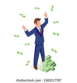 Confident faceless brown haired man in formal suit standing near piles of banknotes and enjoying wealth. Financial and sales growth, business development, getting profit, investment isometric concept.