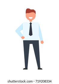 Confident faceless businessman in white t-shirt and trousers holds arm on waist vector illustration. Office worker in tie, professional manager icon
