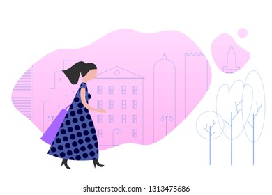 Confident fashionable woman vector illustration. Successful girl in dress with bag on city, trees background. Female flat character isolated clipart. Fashion model, student, business woman walking