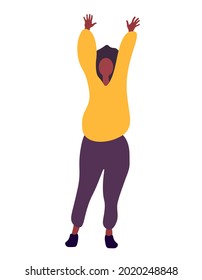 confident fat woman holding her hands up. Curvy faceless female posing with her hands up. Minimalist vector illustration isolated on a white background. Love for your body. 