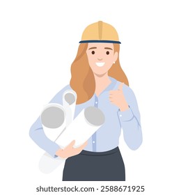 Confident Female Architect wearing a hard hat, holding rolled up blueprints, and giving a thumbs up. Flat vector illustration isolated on white background