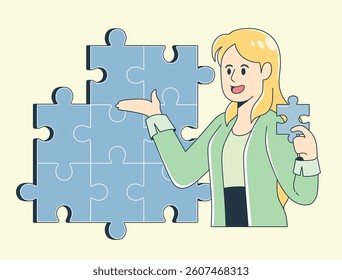 Confident female assistant presenting a creative idea represented by a puzzle. She is holding the final puzzle piece with optimism, symbolizing innovation, problem solving, and brainstorming concepts.
