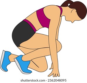 Confident female athlete in starting position ready for running. Cartoon style illustration.
