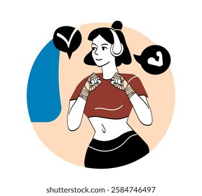 A confident female boxer with headphones, wrapped hands, and motivational icons, drawn in a modern style on a stylish background. Fitness concept