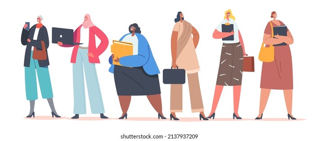 Confident Female Characters Caucasian, African, Indian Or Arab Ethnicity Wear Formal Clothes Isolated On White Background. Diverse Business Women Stand In Row. Cartoon People Vector Illustration