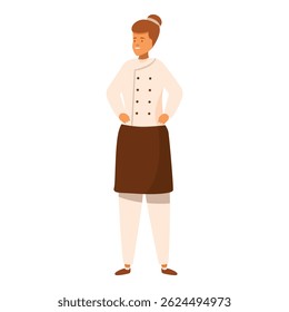 Confident female chef in uniform smiling and posing with hands on hips, exuding professionalism and culinary expertise