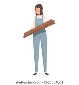 Confident female construction worker is holding wooden planks, showcasing her expertise in a male dominated industry