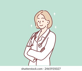 Confident female doctor with arms crossed over. Hand drawn style vector design illustrations.