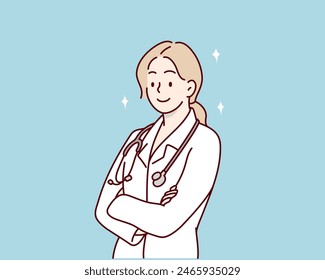 Confident female doctor with arms crossed over. Hand drawn style vector design illustrations.