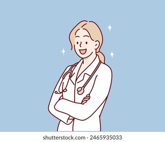 Confident female doctor with arms crossed over. Hand drawn style vector design illustrations.