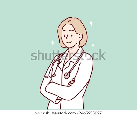 Confident female doctor with arms crossed over. Hand drawn style vector design illustrations.