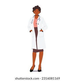 Confident Female Doctor Character With Arms Casually Tucked In Robe Pockets Exuding Professionalism And Approachability, Ready To Provide Compassionate Medical Care. Cartoon People Vector Illustration