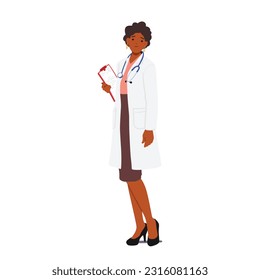 Confident Female Doctor Character Standing With Clipboard, Providing Professional Medical Care And Maintaining Patient Records Efficiently. Black Woman Medic. Cartoon People Vector Illustration