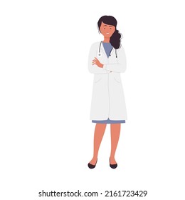 Confident female doctor with crossed arms. Hospital worker in uniform vector illustration