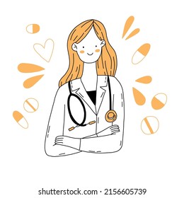 Confident female doctor in lab coat. Medicine professional doctor. Positive healthcare worker cartoon character. Simple line hospital vector card. Hand drawn lat illustration