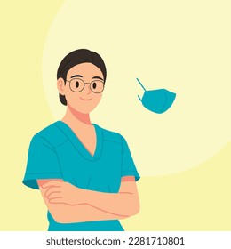 Confident female doctor with a mask (can remove). Flat vector style characters, Healthcare illustrations.