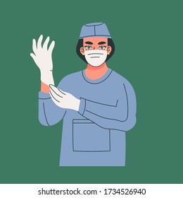 Confident female Doctor in mask puts on rubber glove. Young Intern lady or Nurse in blue clothes. Health Care concept. Hand drawn Trendy colored Vector illustration. Isolated on green background