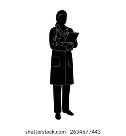 Confident Female Doctor Silhouette: Arms Crossed, Clipboard, Healthcare