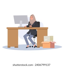 confident female entrepreneur in hijab using computer in diverse workplace environment