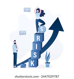 Inversionista o empresaria segura de sí misma que equilibra los riesgos financieros y las ganancias. Alto riesgo de alto rendimiento de las inversiones en el mercado de valores. El intercambio de activos de inversión riesgosos recompensa el retorno del crecimiento.