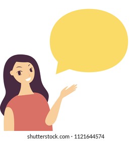 Confident female pointing at empty speech bubble. Chat conversation, communication concept. Information note template. Copy space