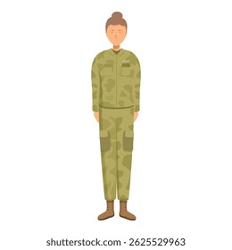 Confident female soldier in camouflage uniform standing at attention, ready to serve