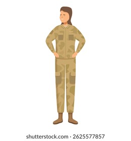 Confident female soldier is standing with her hands on her hips, ready to serve and protect her country