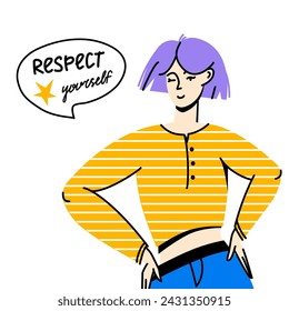 Mujer segura de sí misma con burbuja de habla. Respétate las letras dibujadas a mano. Feminismo y concepto de amor propio. Ilustración de colores plana vectorial