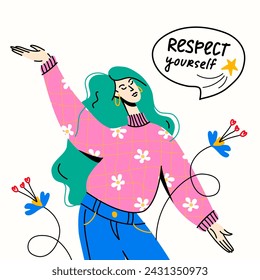 Mujer segura de sí misma con burbuja de habla. Respétate las letras dibujadas a mano. Feminismo y concepto de amor propio. Ilustración de moda plana vectorial