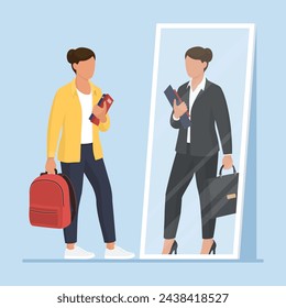 Confident female student looking at the mirror and seeing herself as a successful businesswoman: education, career and aspirations concept