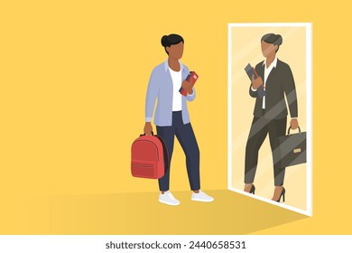 Confident female student looking at the mirror and seeing herself as a successful businesswoman: education, career and aspirations concept