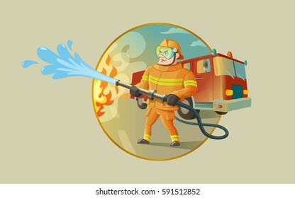 A confident fireman is putting out a fire. There is a fire truck on the background. A vector illustration.