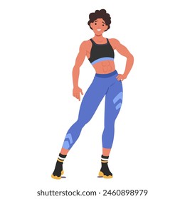 Confident Fit Woman Stand With Hand On Her Hip, Dressed In Workout Attire Showcasing Health And Wellness in Fitness And Bodybuilding. Female Character Radiating Strength And Grace. Vector Illustration