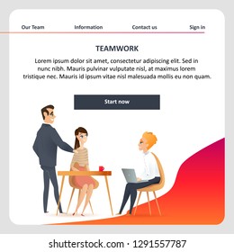 Confident Freelance Character Meeting on Coworking. Smiling Man Sitting on Chair with Laptop. Teamwork of Male and Female Freelancer in Shared Workplace. Flat Cartoon Vector Illustration