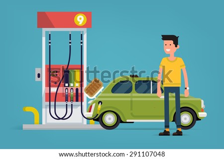 Confident gas station customer standing full length smiling with vintage small gar filling next to gas pump