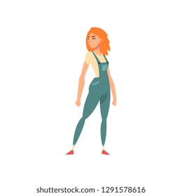 Confident girl in denim overalls, young woman fighting for rights, feminism concept vector Illustration