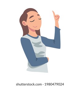Confident Girl Pointing Up with Her Finger, Self Pride, Positive Self-Acceptance, Esteem Concept Cartoon Vector Illustration